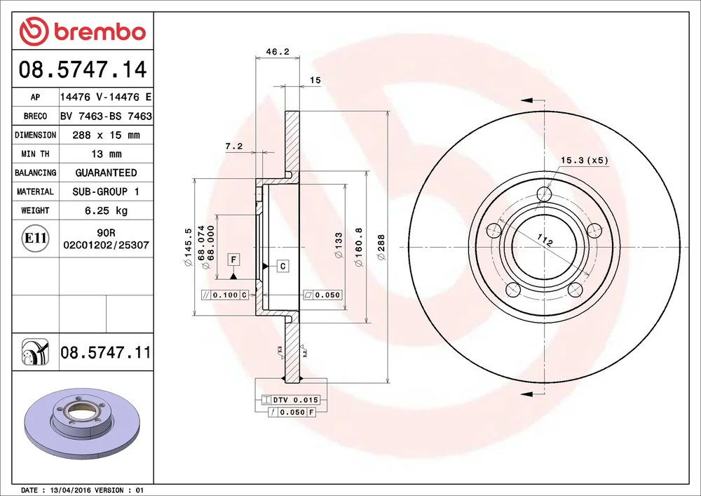 Brzdový kotouč BREMBO 08.5747.11 – OE 4A0615301B