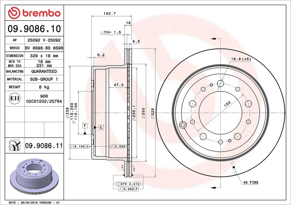 Brzdový kotouč BREMBO 09.9086.11