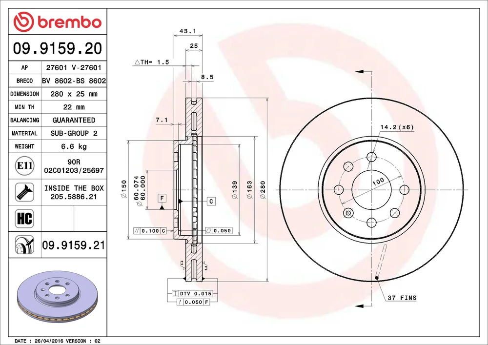 Brzdový kotouč BREMBO 09.9159.21
