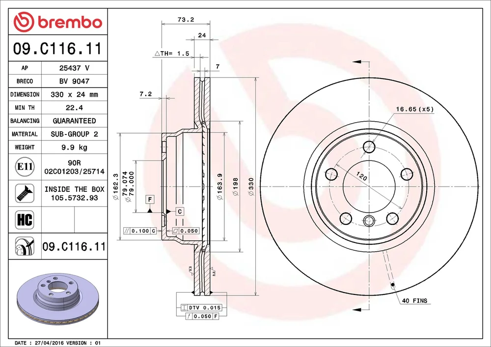 Brzdový kotouč BREMBO 09.C116.11 – OE 34116792221