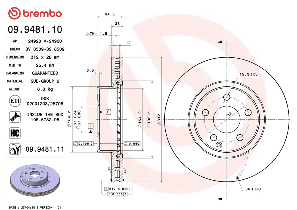Brzdový kotouč BREMBO 09.9481.11