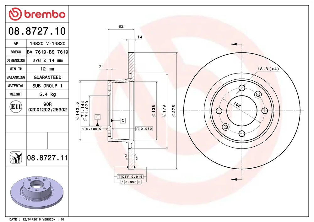Brzdový kotouč BREMBO 08.8727.11