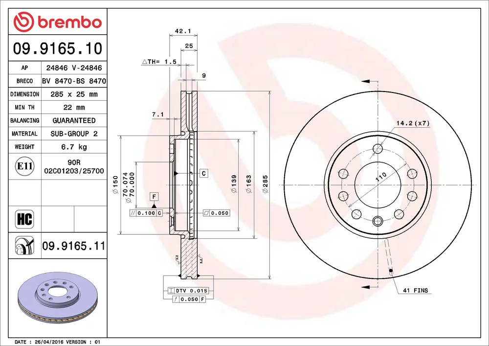 Brzdový kotouč BREMBO 09.9165.10