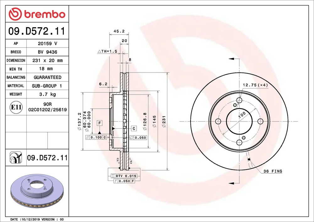 Brzdový kotouč BREMBO 09.D572.11 – OE 5531162R00