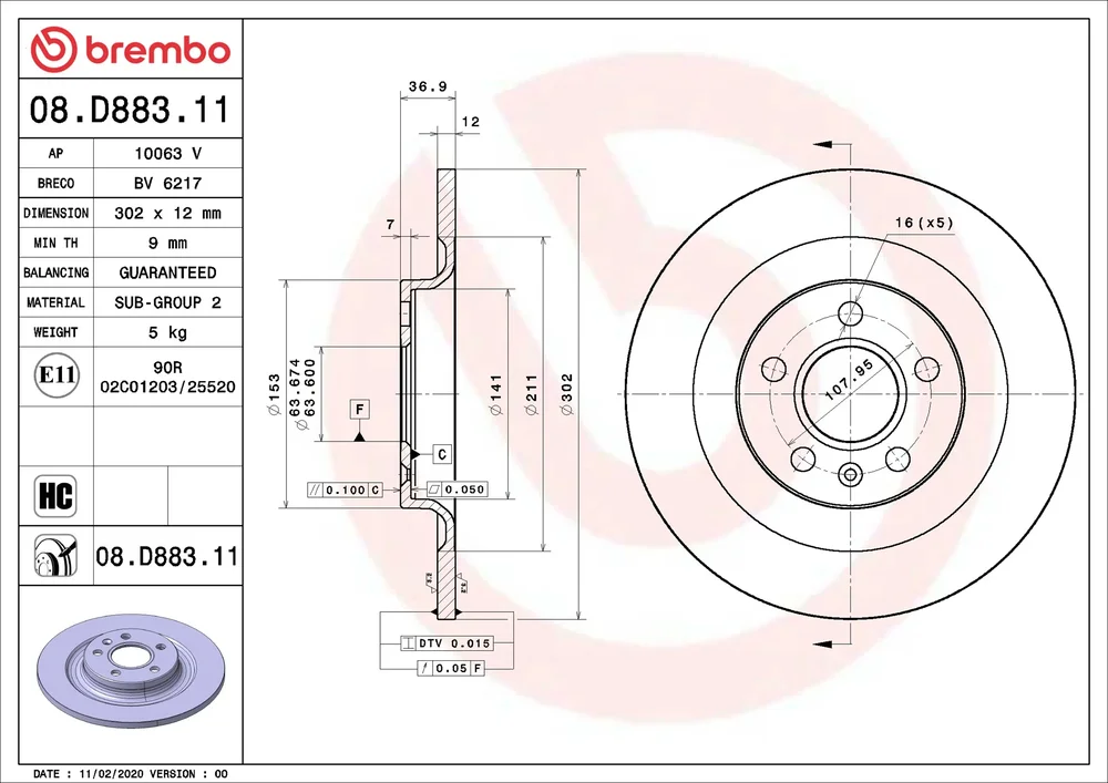 Brzdový kotouč BREMBO 08.D883.11