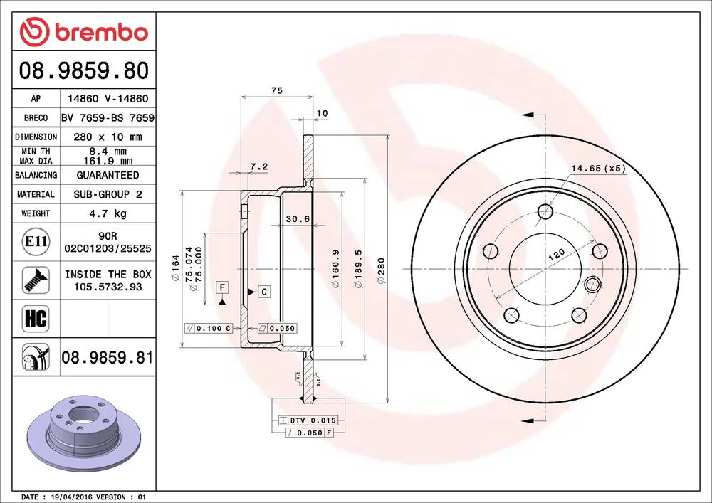 Brzdový kotouč BREMBO 08.9859.81