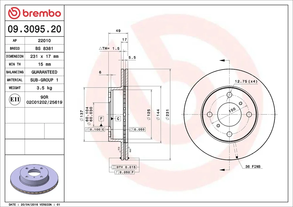 Brzdový kotouč BREMBO 09.3095.20