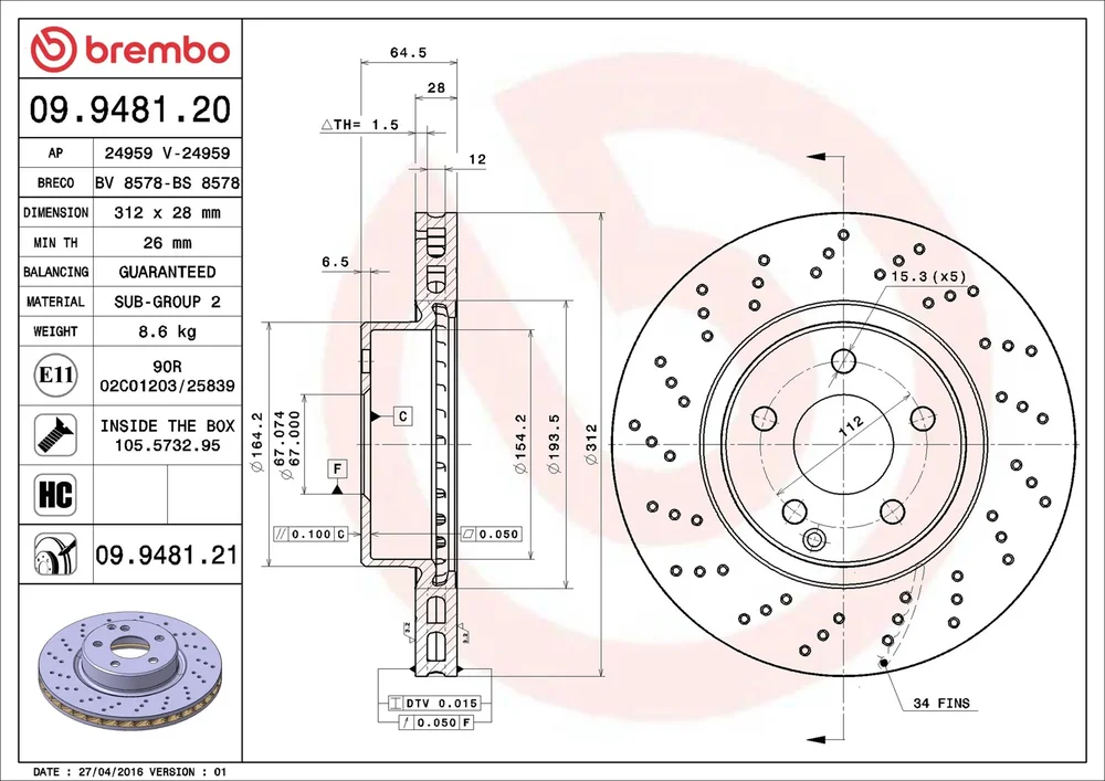 Brzdový kotouč BREMBO 09.9481.21